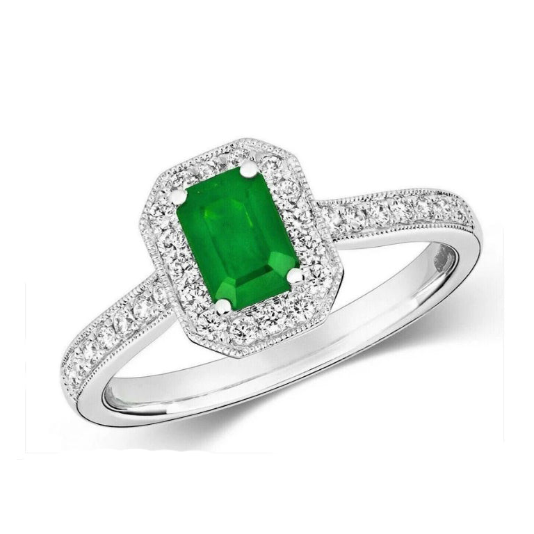 Real Emerald and Diamond Ring 9ct White Gold Octagon Cluster Size J-Q