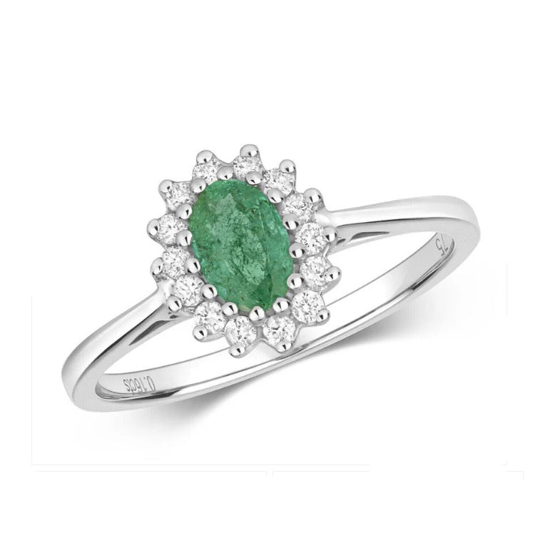 Real Emerald and Diamond Ring 9ct White Gold Oval Cluster Engagement Anniversary