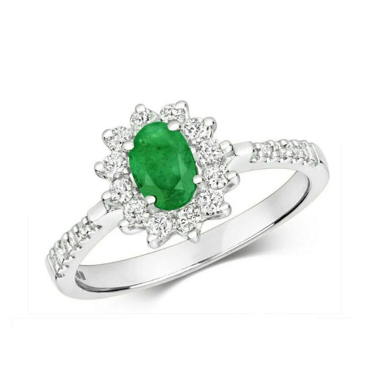 Real Emerald and Diamond Ring 9ct White Gold Oval Cluster Engagement