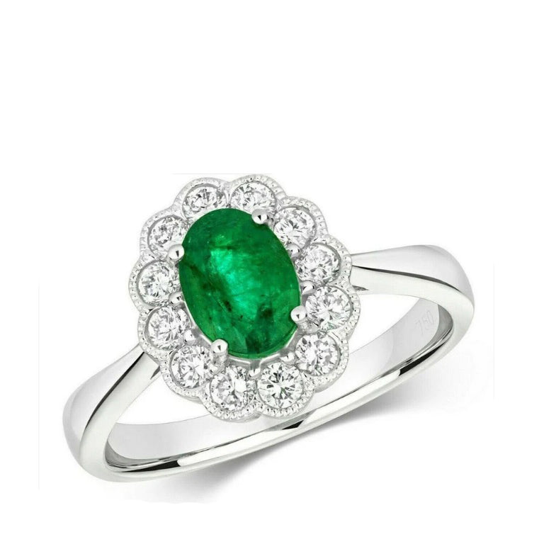 Real Emerald and Diamond Ring 18ct White Gold Oval Flower Cluster