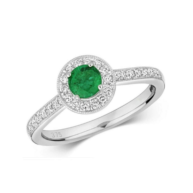 Real Emerald and Diamond Ring 9ct White Gold Round Cluster Halo Engagement