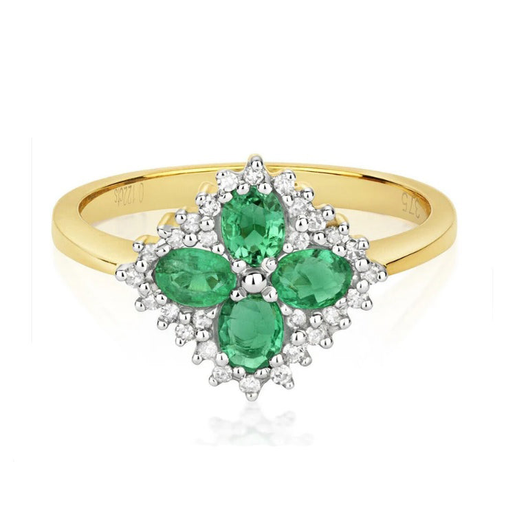 Real Emerald and Diamond Ring Square Cluster Engagement Anniversary