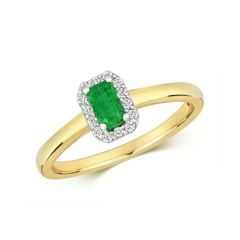 Real Emerald and Diamond Ring 9ct Yellow Gold Octagon Cluster Engagement