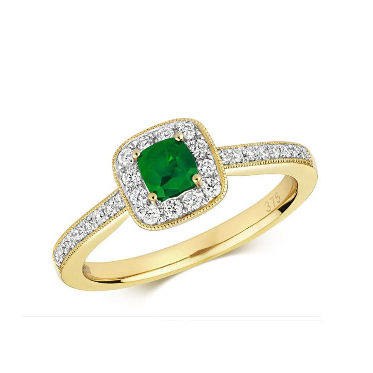 Real Emerald and Diamond Ring 9ct Yellow Gold Cushion Cluster Engagement