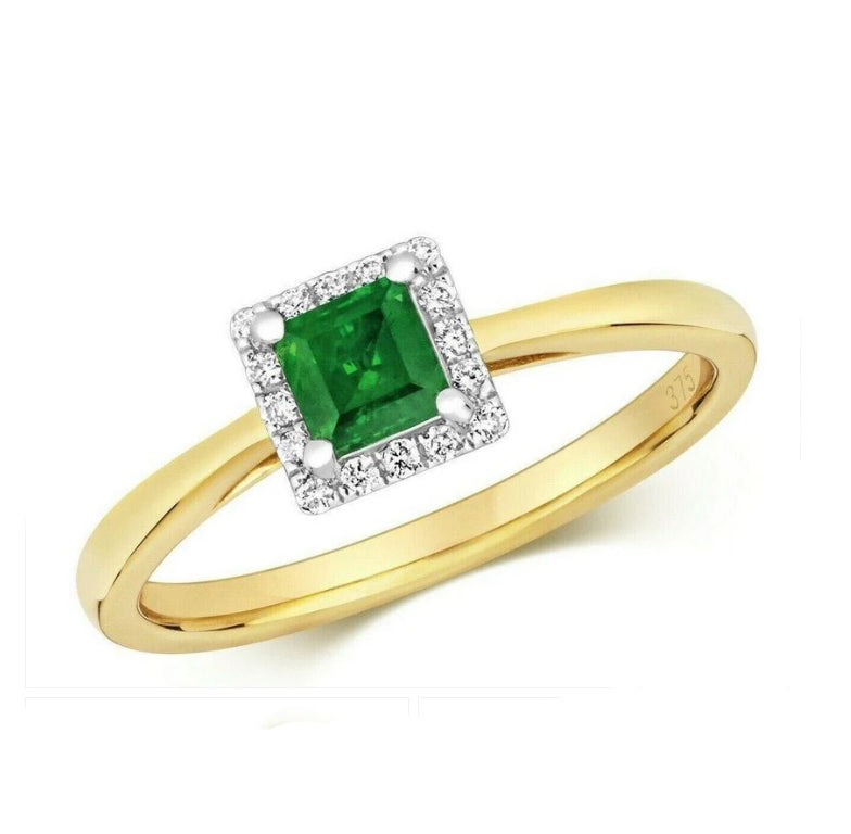 Real Emerald and Diamond Ring 9ct Yellow Gold Square Cluster Engagement