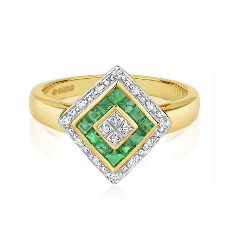 Real Emerald and Diamond Ring Solid Yellow Gold Square Cluster Size JKLMNOPQ