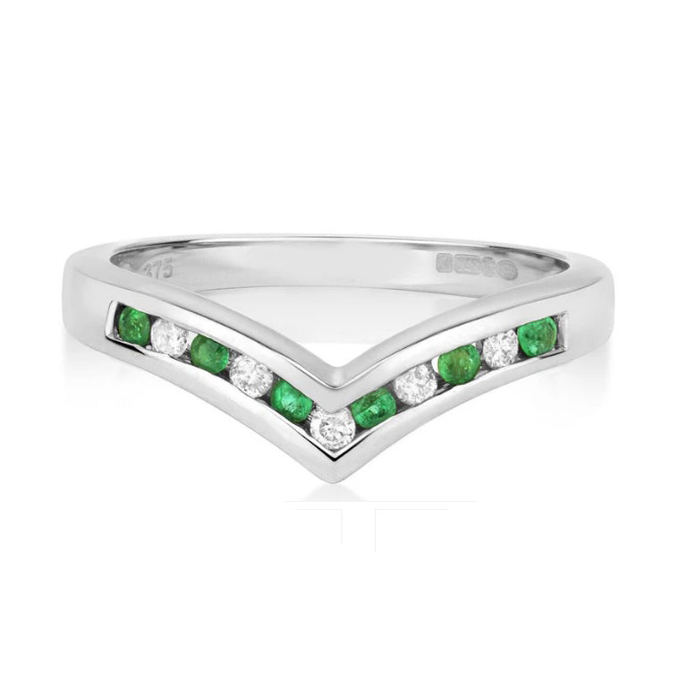 Real Emerald and Diamond Wishbone Ring Solid White Gold Eternity Anniversary