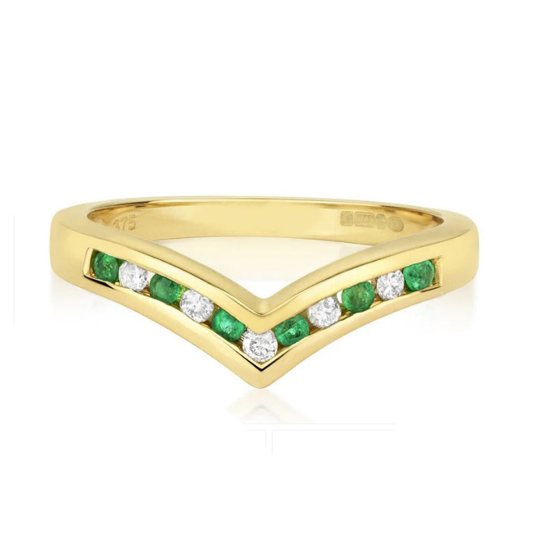 Real Emerald and Diamond Wishbone Ring Solid Yellow Gold Eternity Anniversary