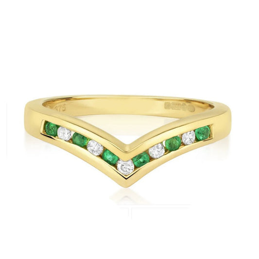 Real Emerald and Diamond Wishbone Ring Solid Yellow Gold Eternity Anniversary