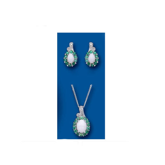 Emerald and Opal Pendant and Earrings Set With Diamond Solid Sterling Silver