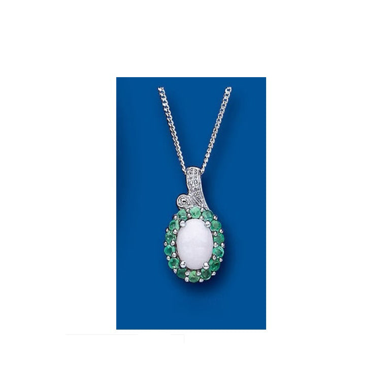 Emerald and Opal Pendant Solid Sterling Silver Diamond Necklace Natural Stones