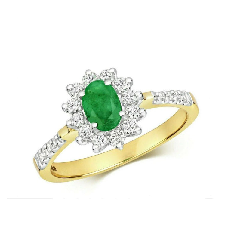 Real Emerald and Diamond Ring 9ct Yellow Gold Oval Cluster Engagement