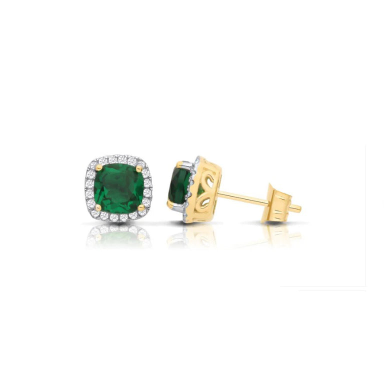Emerald Cushion Cluster Stud Earrings Solid 9ct Yellow Gold Hallmarked