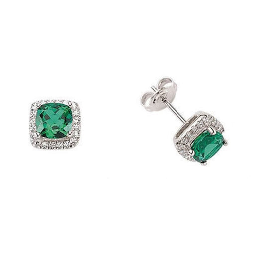 Emerald Earrings Solid Silver Stud Platinum Plated Sterling Silver Cushion Studs
