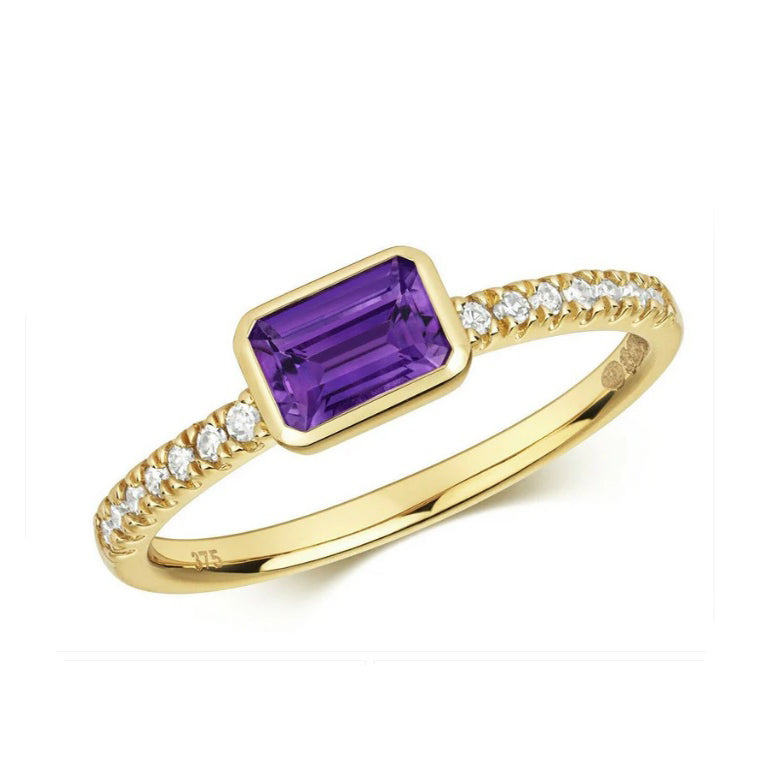 Real Amethyst and Diamond Ring Solid Yellow Gold Emerald Cut Solitaire Size J-Q