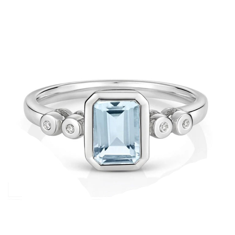 Real Aquamarine and Diamond Ring Solid White Gold Smooth Set Solitaire Size J-Q