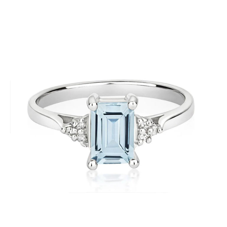 Real Aquamarine and Diamond Ring Solid White Gold Emerald Cut Solitaire