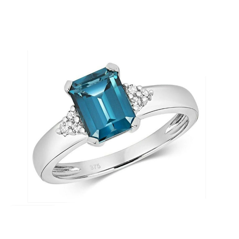 Real London Blue Topaz and Diamond Ring Solid White Gold Solitaire Size JKLMNOPQ