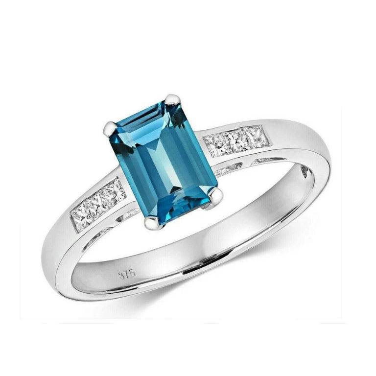 Real London Blue Topaz and Diamond Ring 9ct White Gold Emerald Cut Solitaire