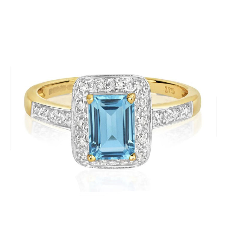 Real Blue Topaz and Diamond Ring Emerald Cut Solid Yellow Gold Engagement