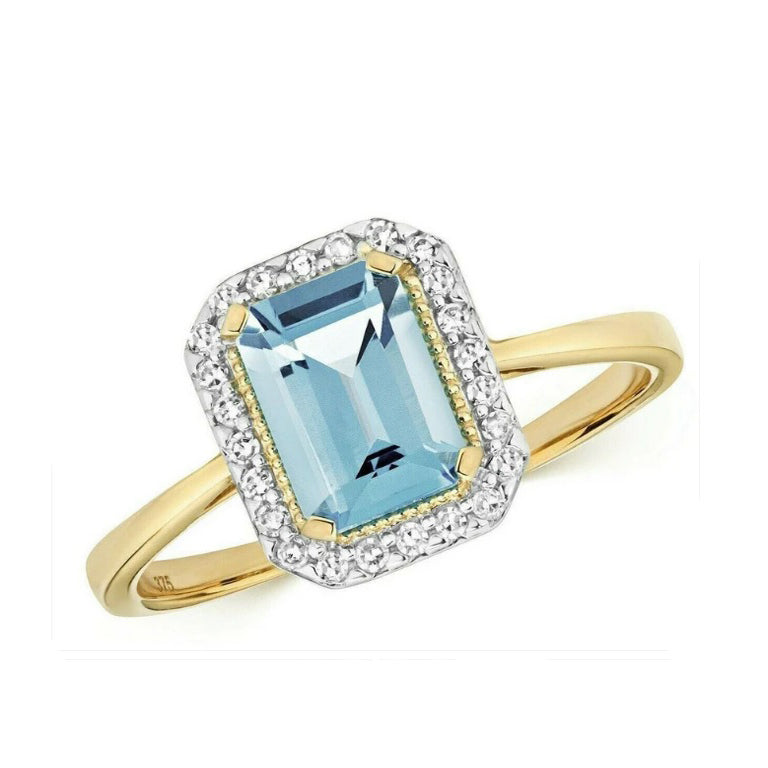 9ct Yellow Gold Blue Topaz and Diamond Ring Emerald Cut Cluster Size JKLMNOPQ