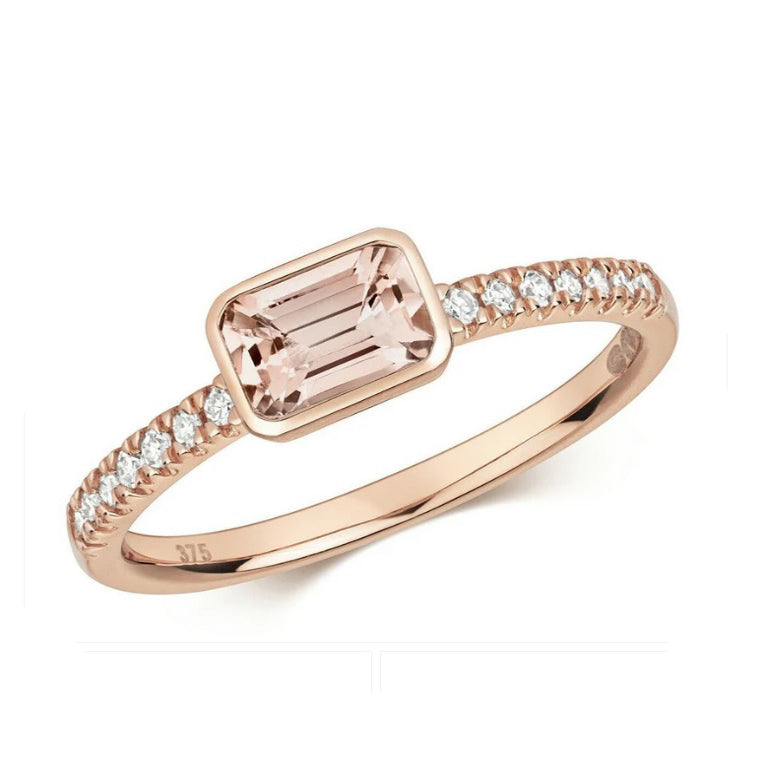 Real Morganite and Diamond Ring Solid Rose Gold Emerald Cut Solitaire Size J - Q