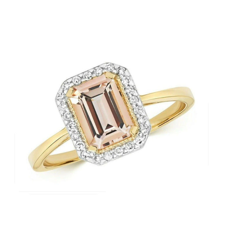 Real Morganite and Diamond Ring Solid Yellow Gold Emerald Cut Size JKLMNOPQ