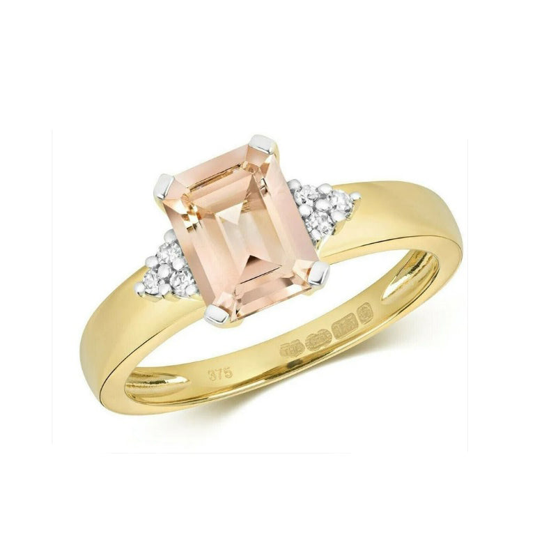 Real Morganite and Diamond Ring 9ct Yellow Gold Emerald Cut Solitaire Size J - Q