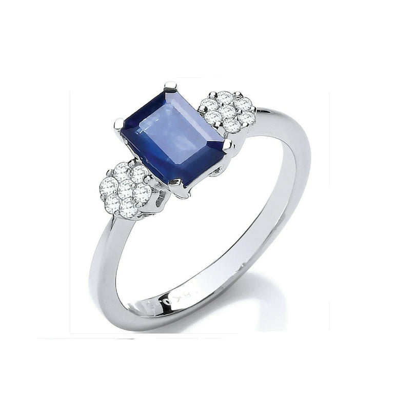 Real Emerald Cut Sapphire and Diamond Ring 18ct White Gold