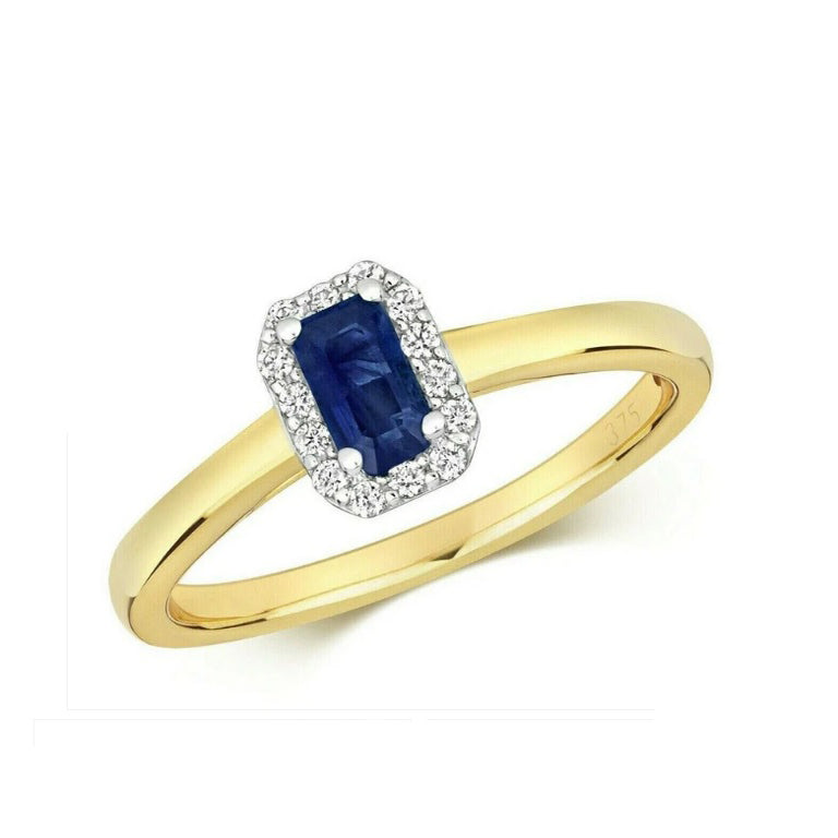 9ct Yellow Gold Sapphire and Diamond Ring Emerald Cut Cluster Size J - Q
