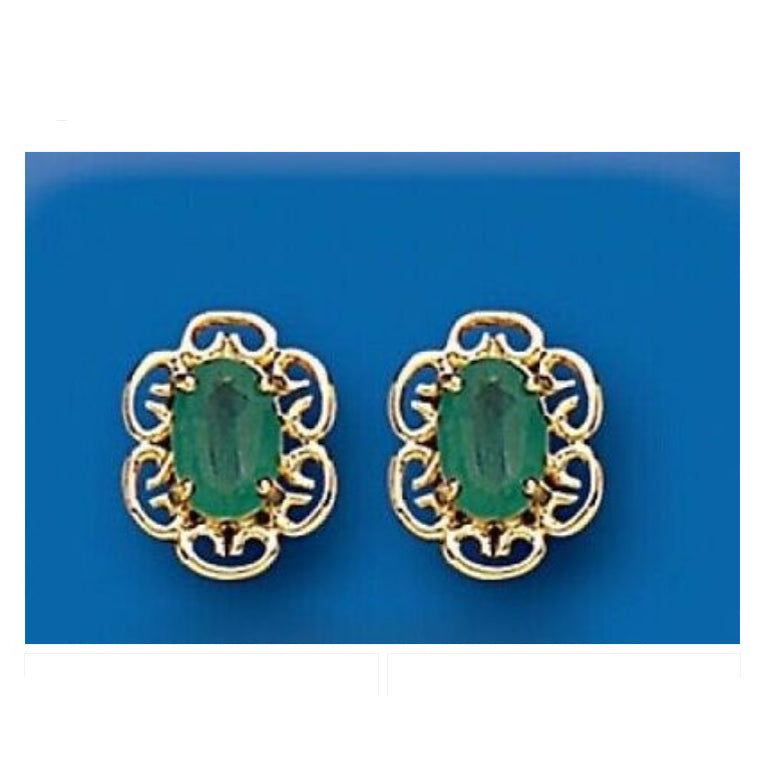 9ct Gold Emerald Stud Earrings Yellow Gold Filigree May Birthstone Hallmark