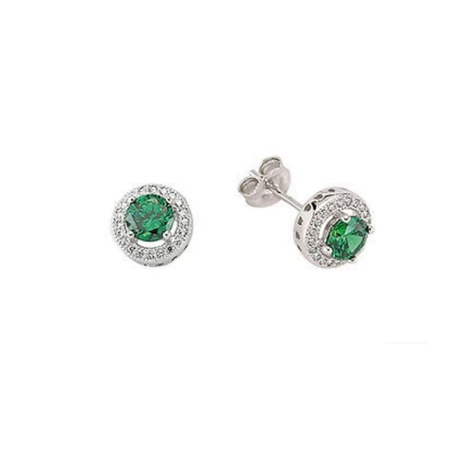 Emerald Earrings Halo Stud Sterling Silver Studs Platinum Plated