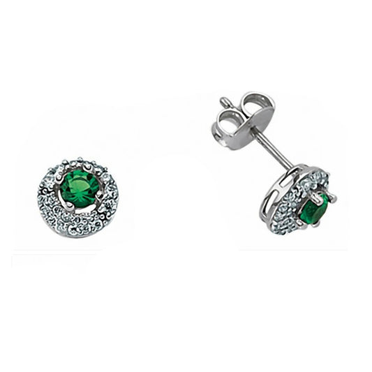 Emerald Halo Stud Earrings Solid Sterling Silver Rhodium Plate 925 Hallmark 7mm