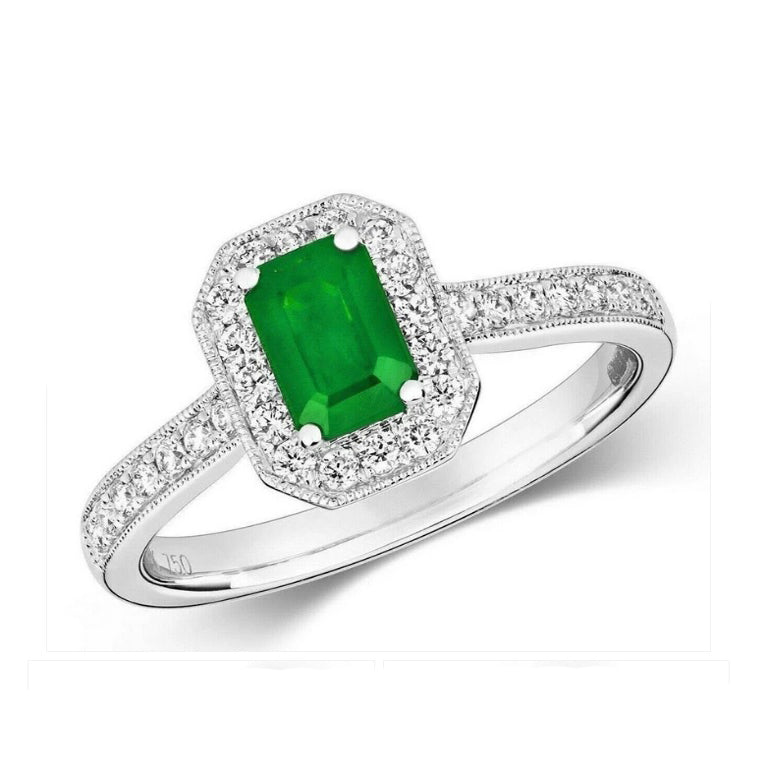 Real Emerald and Diamond Ring 18ct White Octagon Cluster