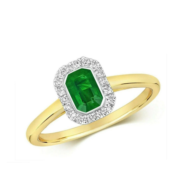 Real Emerald and Diamond Ring 9ct Yellow Gold Octagon Cluster Engagement