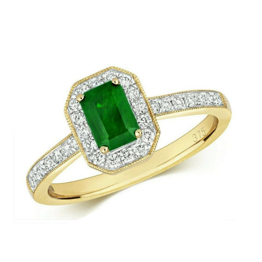 Real Emerald and Diamond Ring 9ct Yellow Gold Octagon Cluster Size J-Q