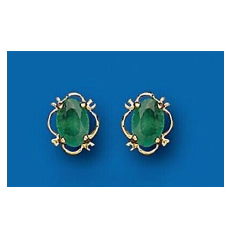 9ct Gold Emerald Earrings Oval Solitaire Stud Yellow Gold May Birthstone