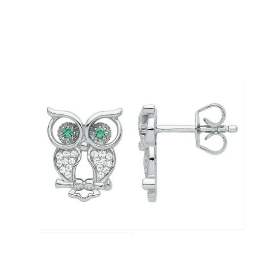 Emerald Owl Stud Earrings Sterling Silver Rhodium Plated 925 Hallmark