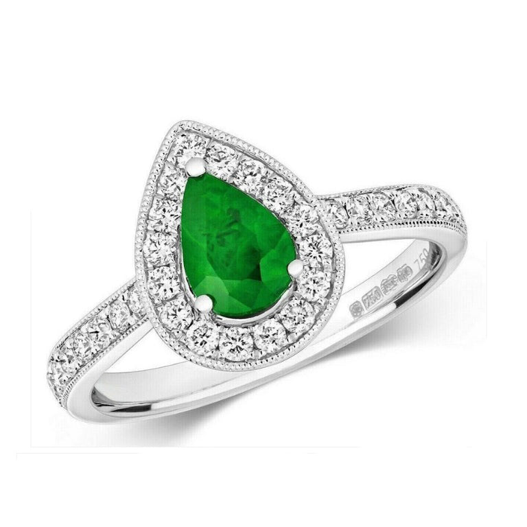 Real Emerald and Diamond Ring 18ct White Gold Pear Teardrop Cluster