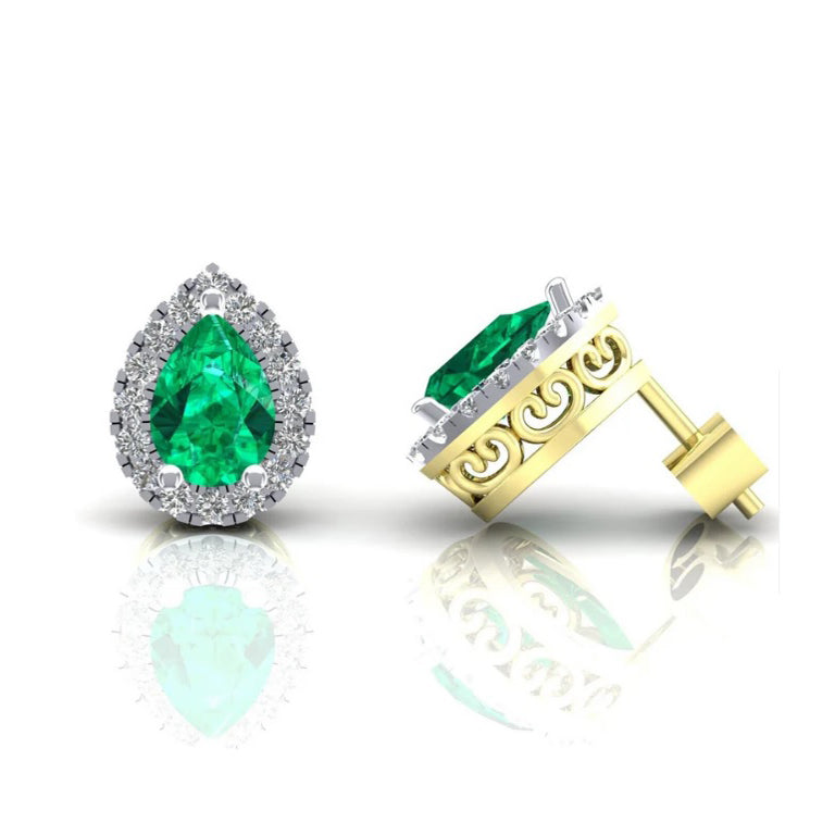 Emerald Pear Cluster Stud Earrings Solid 9ct Yellow Gold Hallmarked