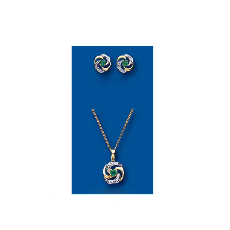 Emerald Pendant and Earring Set Solid Yellow Gold Hallmarked Stud Earrings