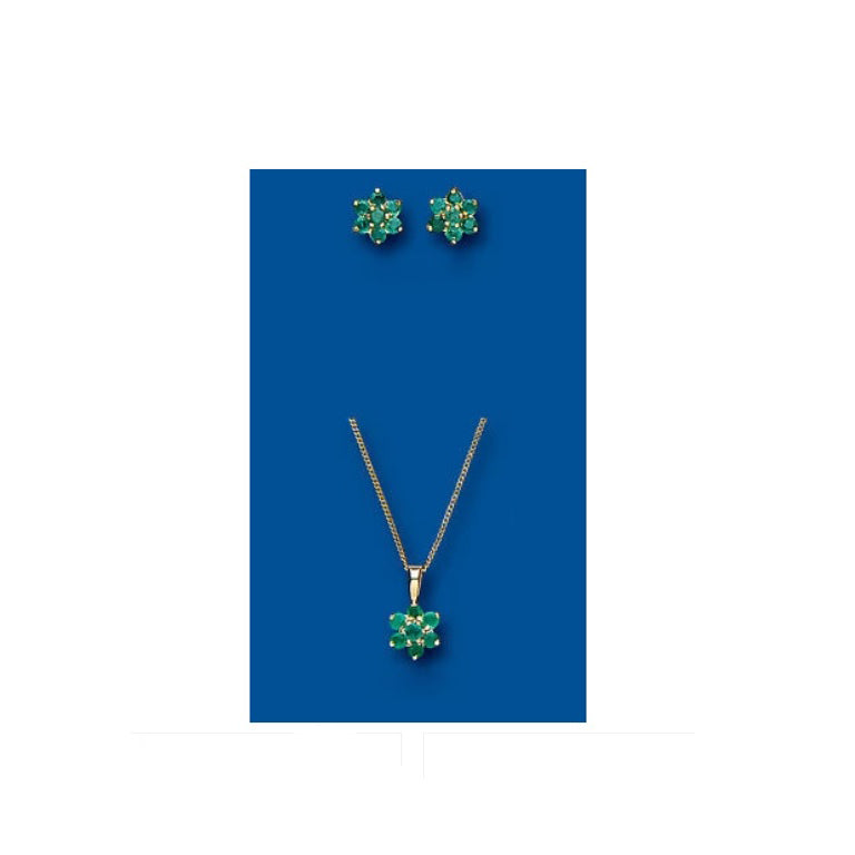 Emerald Pendant & Earrings Set Cluster Solid Yellow Gold Hallmarked