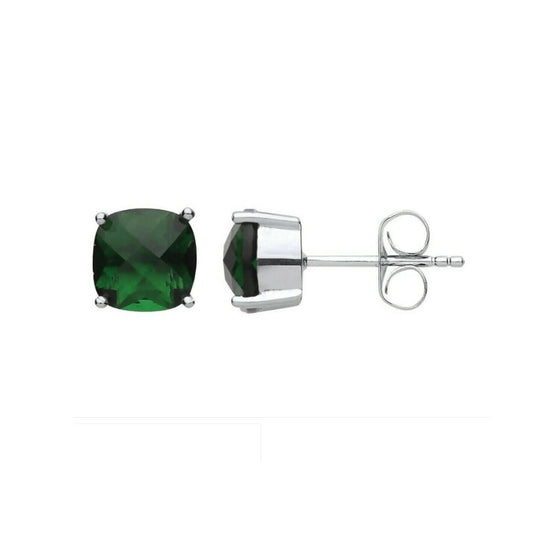 Emerald Cushion Solitaire Earrings Sterling Silver Rhodium Plate 925 Hallmark