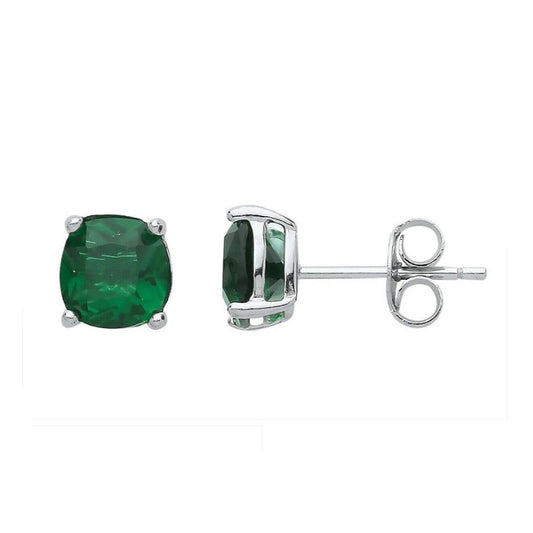Emerald Cushion Stud Earrings Sterling Silver Rhodium Plated 925 Hallmark 6mm