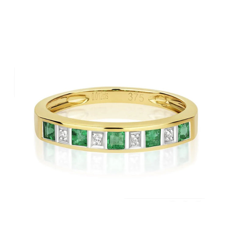 Real Emerald and Diamond Eternity Ring Solid Yellow Gold 3mm Band Size J-Q