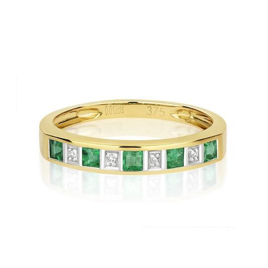 Real Emerald and Diamond Eternity Ring Solid Yellow Gold 3mm Band Size J-Q