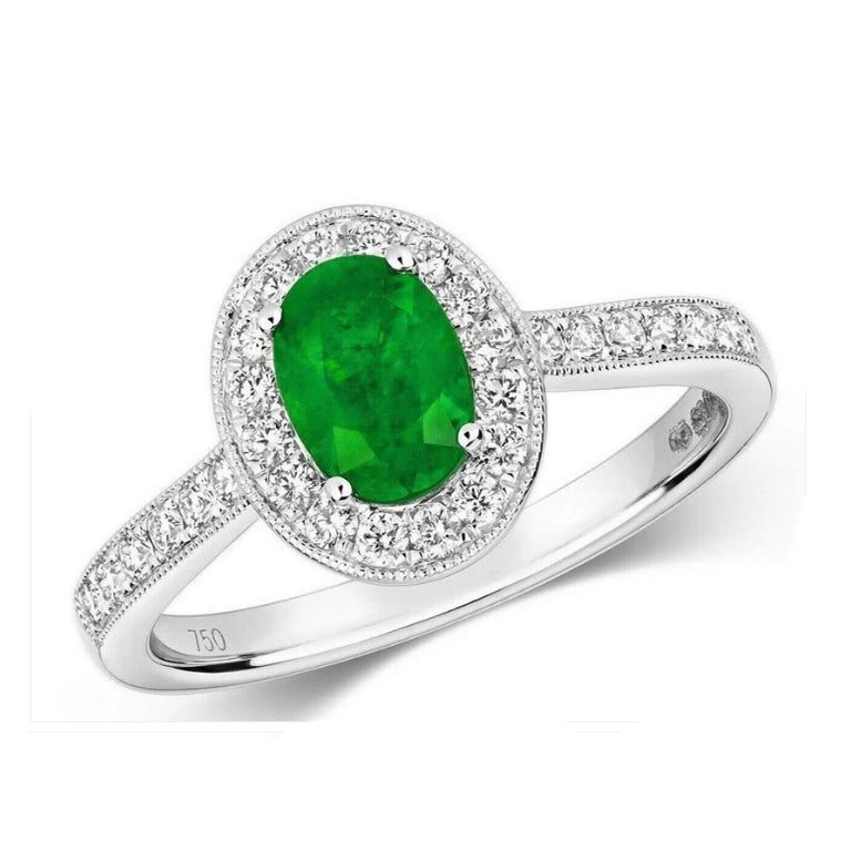 Real Emerald and Diamond Oval Ring 18ct White Gold Halo Cluster