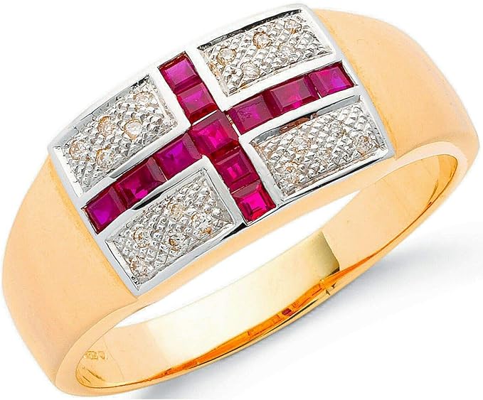 J R Jewellery Men's Diamond England Ring Hallmarked Yellow Gold Real Ruby St George UK Made