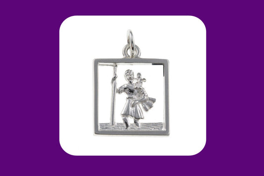 Sterling silver St Christopher pendant square framed relief design with polished finish and jump ring bail