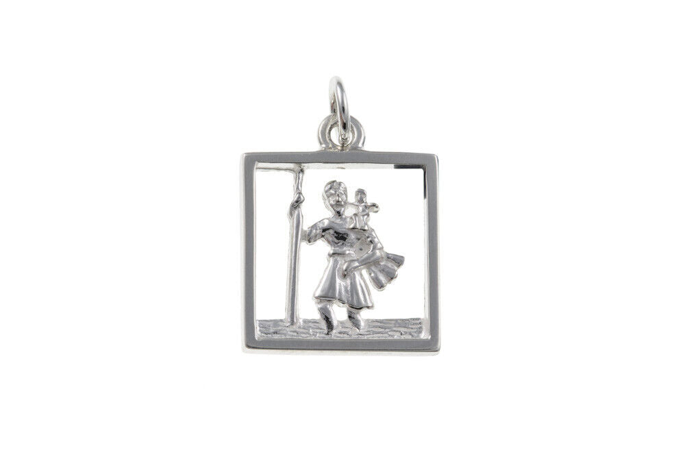 J R Jewellery Sterling silver St Christopher pendant square framed detailed saint carrying child